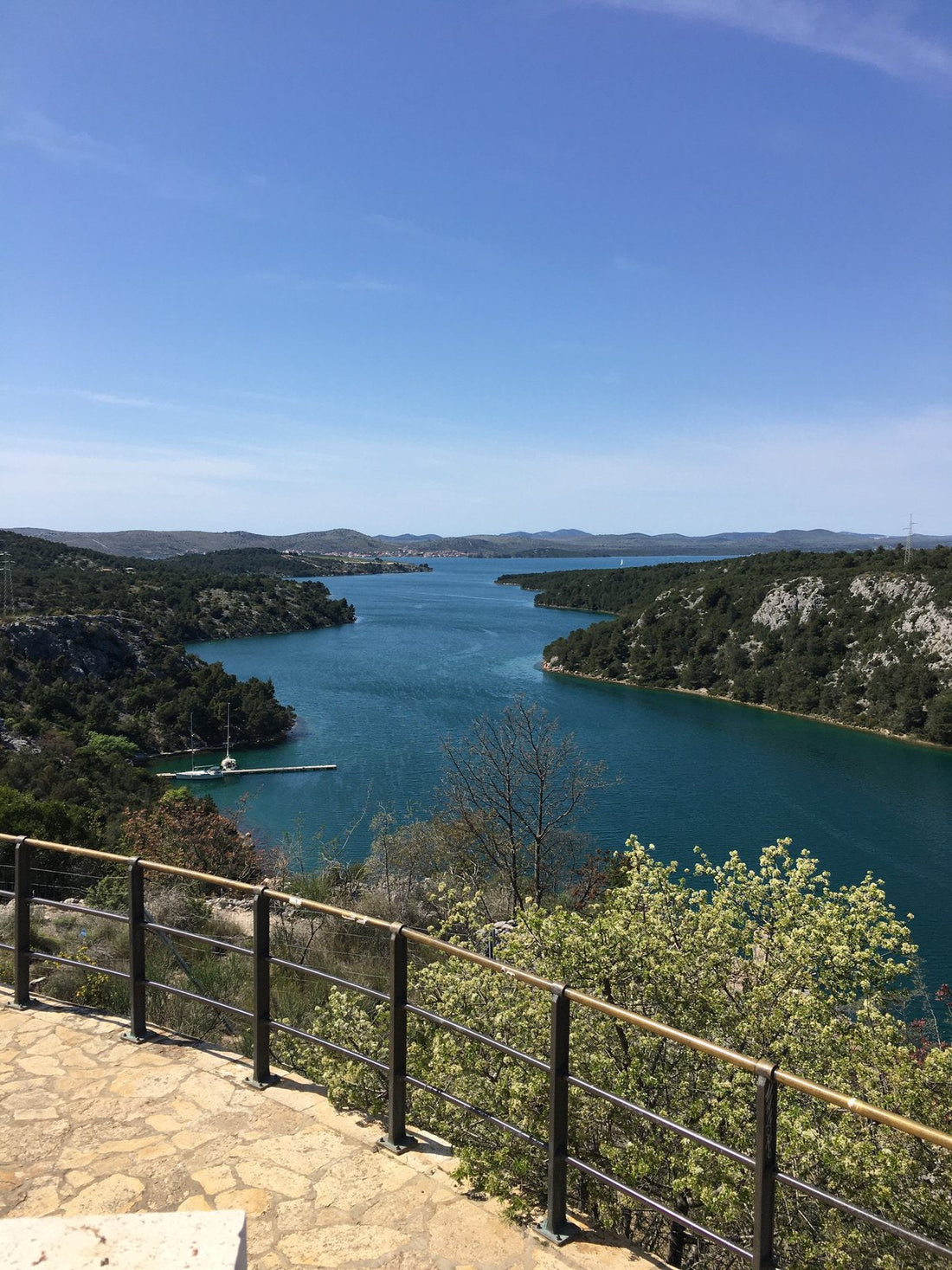 The Krka river winding toward the sea, seen from the highway overlook coming down from Zagreb